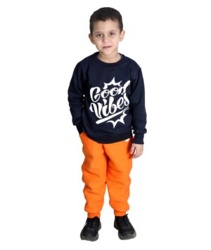 بيجامه شتوى اولادى مطبوع قطن,كحلى وبرتقالى